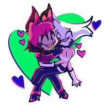 RadioDust Chibi's of Alastor holding Angel Dust