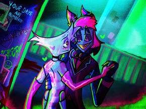 RadioDust art of Alastor and Angel dancing in an alleyway