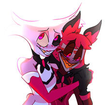 RadioDust art of Angel covering Alastor in kisses