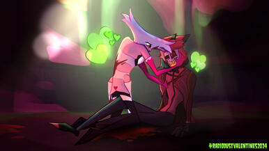 Valentines Event RadioDust art of Angel crying and holding Alastor 2024