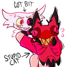 radiodust art of angel dust holding cursed cat alastor hazbin hotel