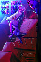 radiodust neon art of alastor watching angel dust on the balcony hazbin hotel