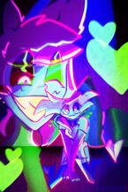 radiodust neon art of jaiju alastor petting angel dusts head hazbin hotel