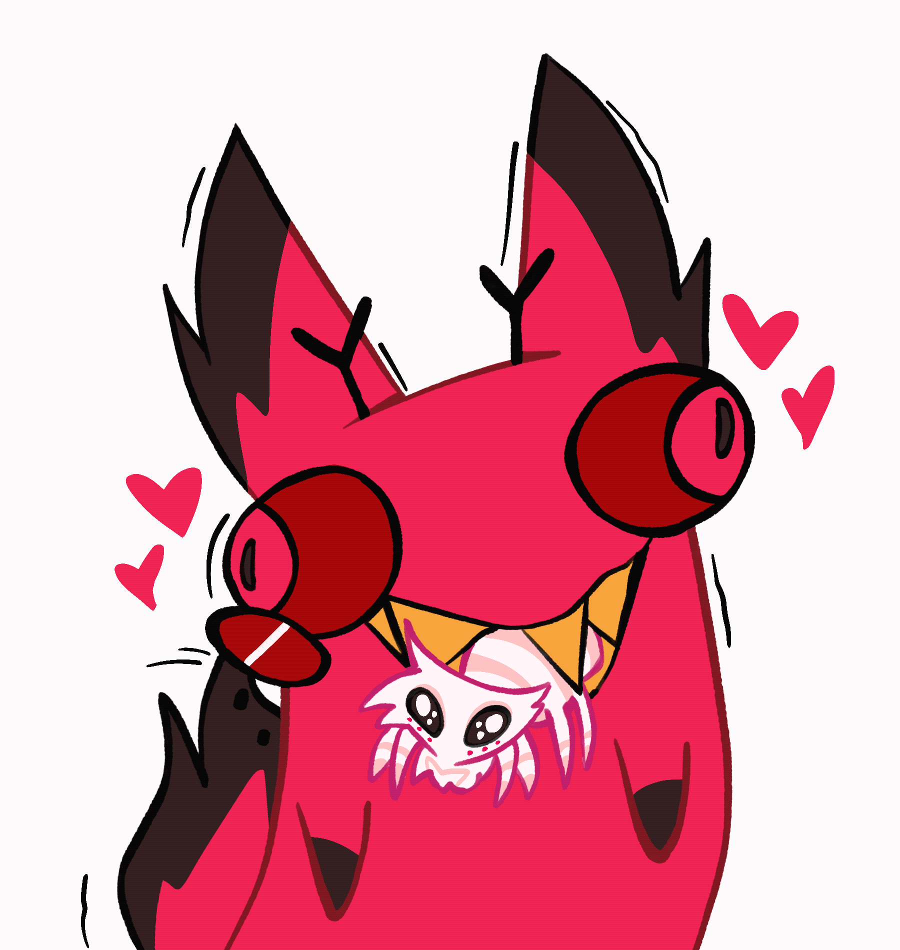 radiodust gif of cursed cat alastor holding angel dust in mouth from hazbin hotel