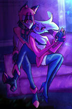 radiodust neon art of alastor sitting on the couch with angel dust from hazbin hotel