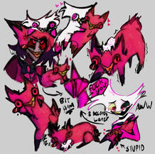 radiodust doodle page of cursed cat alastor and angel dust from hazbin hotel