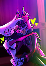 radiodust neon art of alastor holding angel dust from hazbin hotel