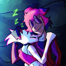 radiodust neon art of alastor cuddling angel dust in bed from hazbin hotel