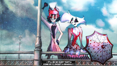 Hazbin Hotel fanart of Alastor and Angel Dust (Radiodust) in a Sweeney Todd AU, based on the song By The Sea