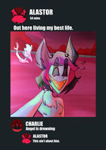 RadioDust Meme of Alastor swimming while Angel Dust is drowning from hazbin hotel