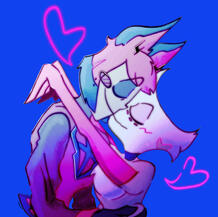 Radiodust fanart of Angel Dust kissing Alastor’s cheek, from Hazbin Hotel, in glowing neon shades