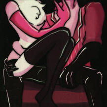 vintage inspired radiodust art of angel dust sitting on alastors lap from hazbin hotel