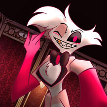 radiodust fanart of angel dust flipping alastor off calling him short from hazbin hotel