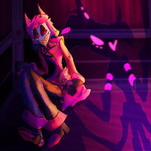 Radiodust fanart of Angel Dust and Alastor with their fankid from Hazbin Hotel, in neon