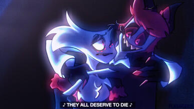 Hazbin Hotel fanart of Alastor and Angel Dust (Radiodust) in a Sweeney Todd AU, dressed in Sweeney Todd And Mrs lovetts outfits