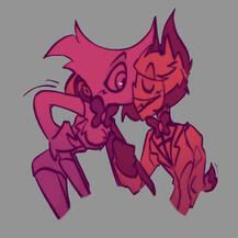 radiodust sketch of alastor pulling angel dust down to kiss him from hazbin hotel