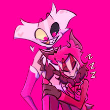 radiodust pink art of alastor sleeping while cuddling angel dust from hazbin hotel