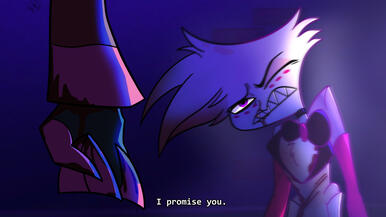 Radiodust screenshot redraw of angel dust and alastor angst in the hazbin hotel style