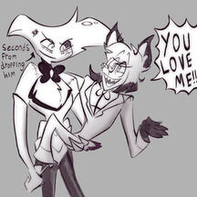 radiodust angel dust holding alastor fanart from hazbin hotel