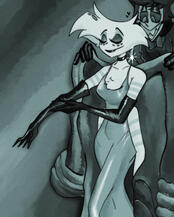 radiodust vintage inspired art of angel dust and alastor from hazbin hotel