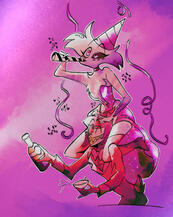 vintage radiodust art of angel dust and alastor partying drunk from hazbin hotel