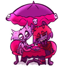 radiodust chibi art of angel dust and alastor from hazbin hotel