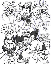 radiodust sketch page of angel dust and alastor sickfic from hazbin hotel