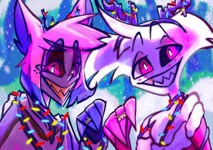 radiodust christmas fanart of angel dust and alastor from hazbin hotel