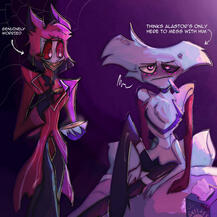 radiodust sickfic fanart of alastor caring for sick angel dust from hazbin hotel