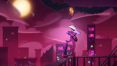 radiodust helluva boss screenshot redraw from the stolitz scene of angel dust and alastor from hazbin hotel