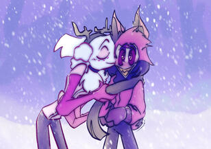radiodust zine piece of angel dust and alastor in the snow from hazbin hotel