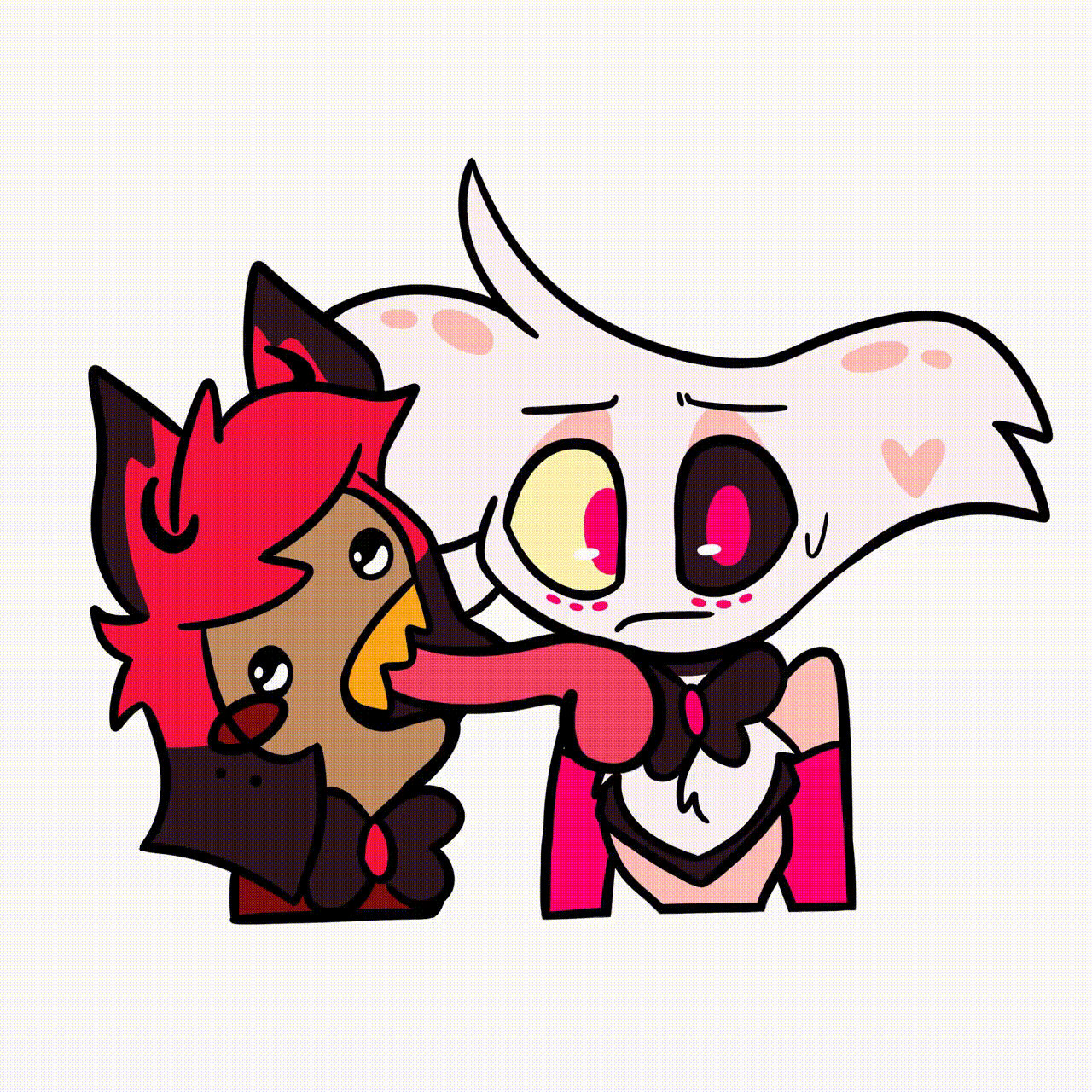 radiodust gif of alastor licking angel dusts face from hazbin hotel