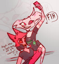 radiodust meme of angel dust in alastors arms fih shirt from hazbin hotel