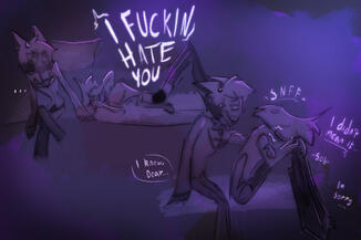 radiodust vent art of angel dust crying while alastor comforts from hazbin hotel