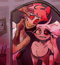 radiodust art of angel dust and alastor getting ready from hazbin hotel