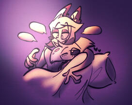 cute fluffy radiodust art of angel dust and alastor snuggling from hazbin hotel
