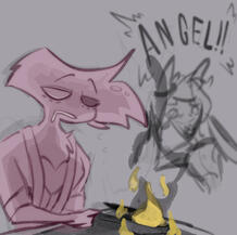 radiodust sketch of angel dust overtired while alastor panics from hazbin hotel