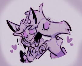 radiodust vent art of alastor crying while angel dust comforts and kisses him from hazbin hotel