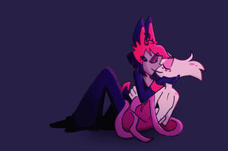 RadioDust Art of Angel Dust and Alastor from Hazbin Hotel Cuddling and kissing
